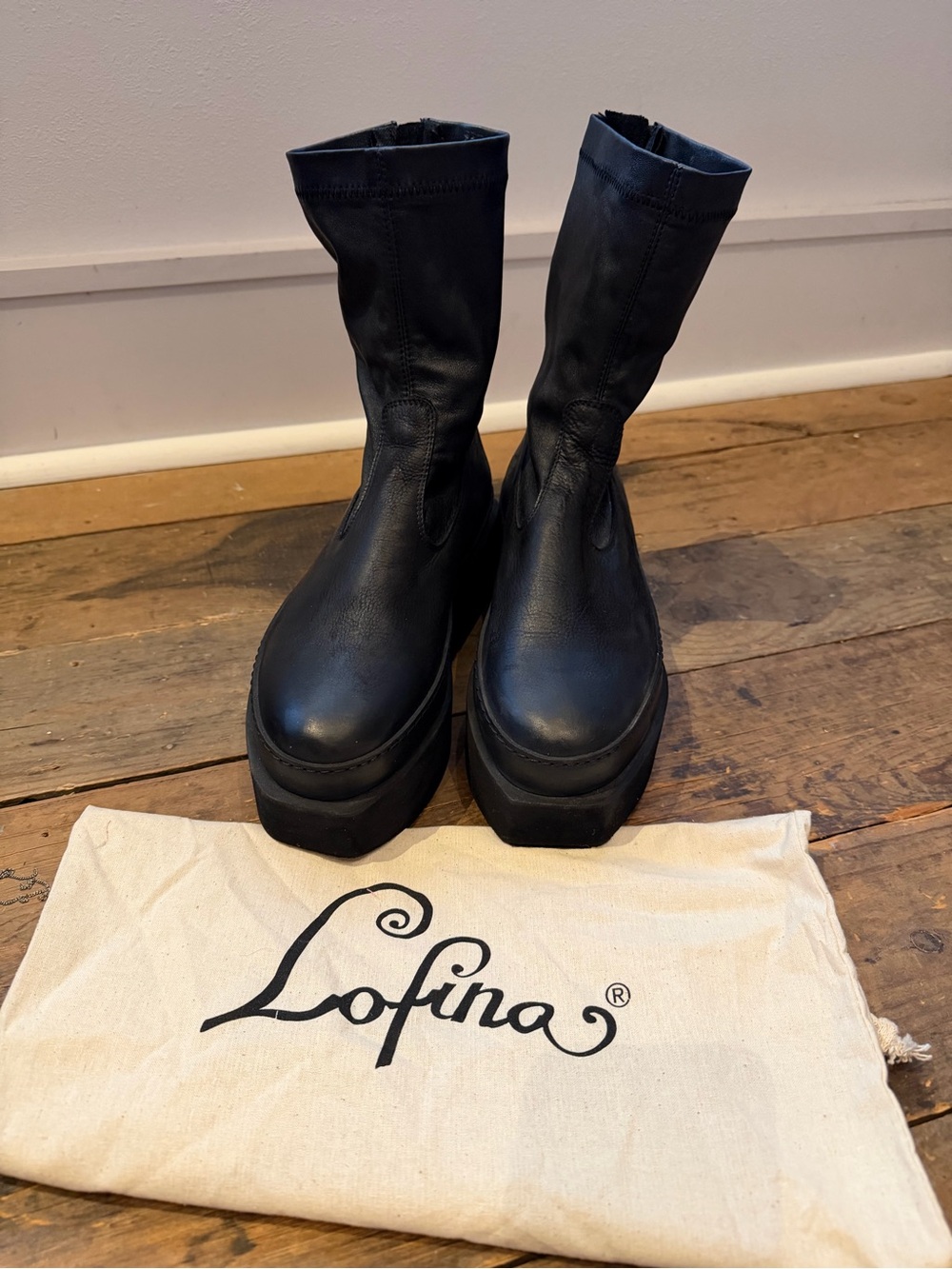 Lofina Black Leather Platform Mid-Calf Boots